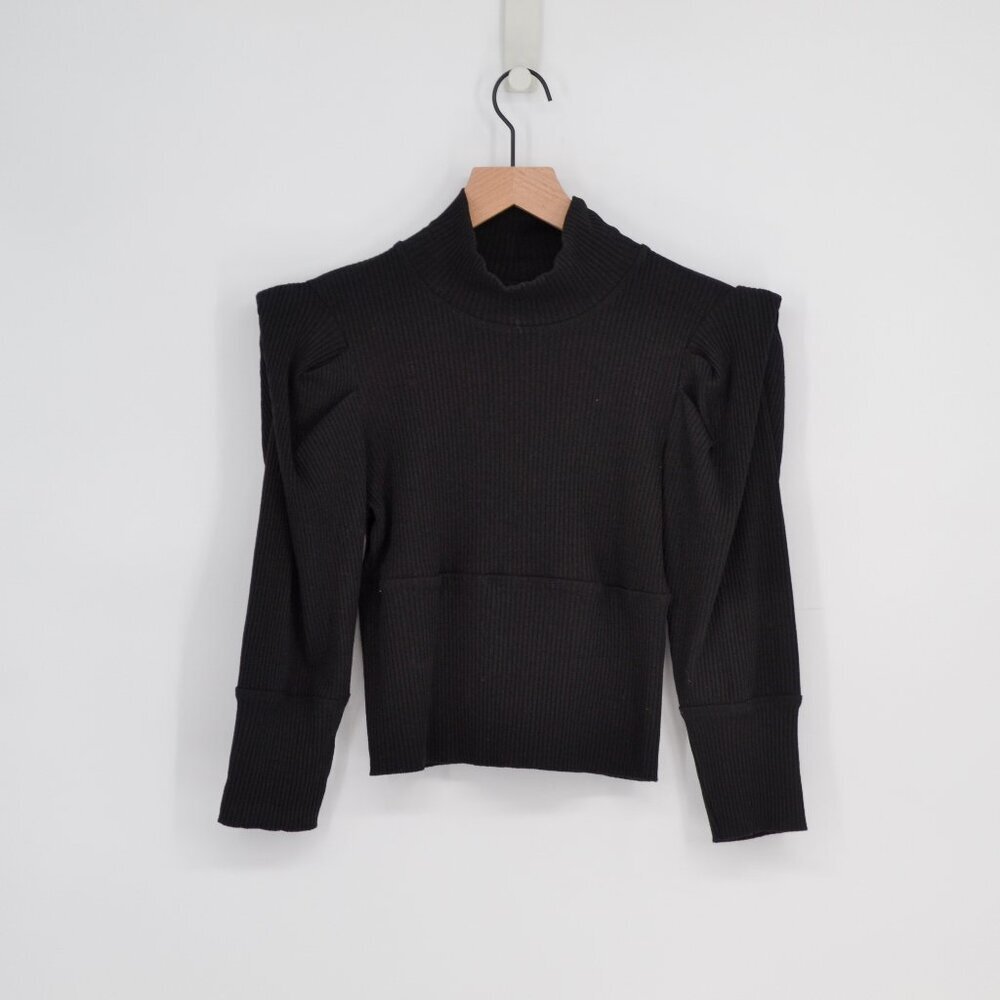 Free People Lala Puff Sleeve Cropped Top Black Women's M Ribbed Knit Turtleneck